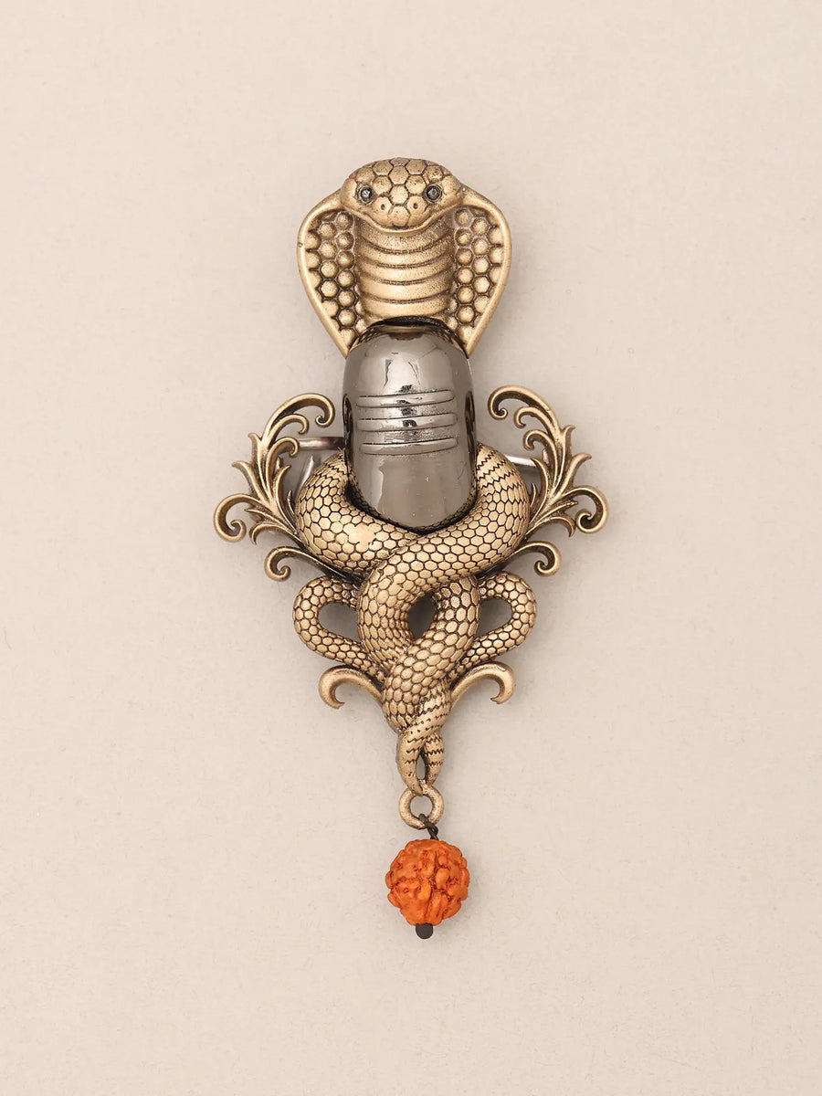 Antique Finish Naga Shiva Lingam Rudraksha Brass Brooch