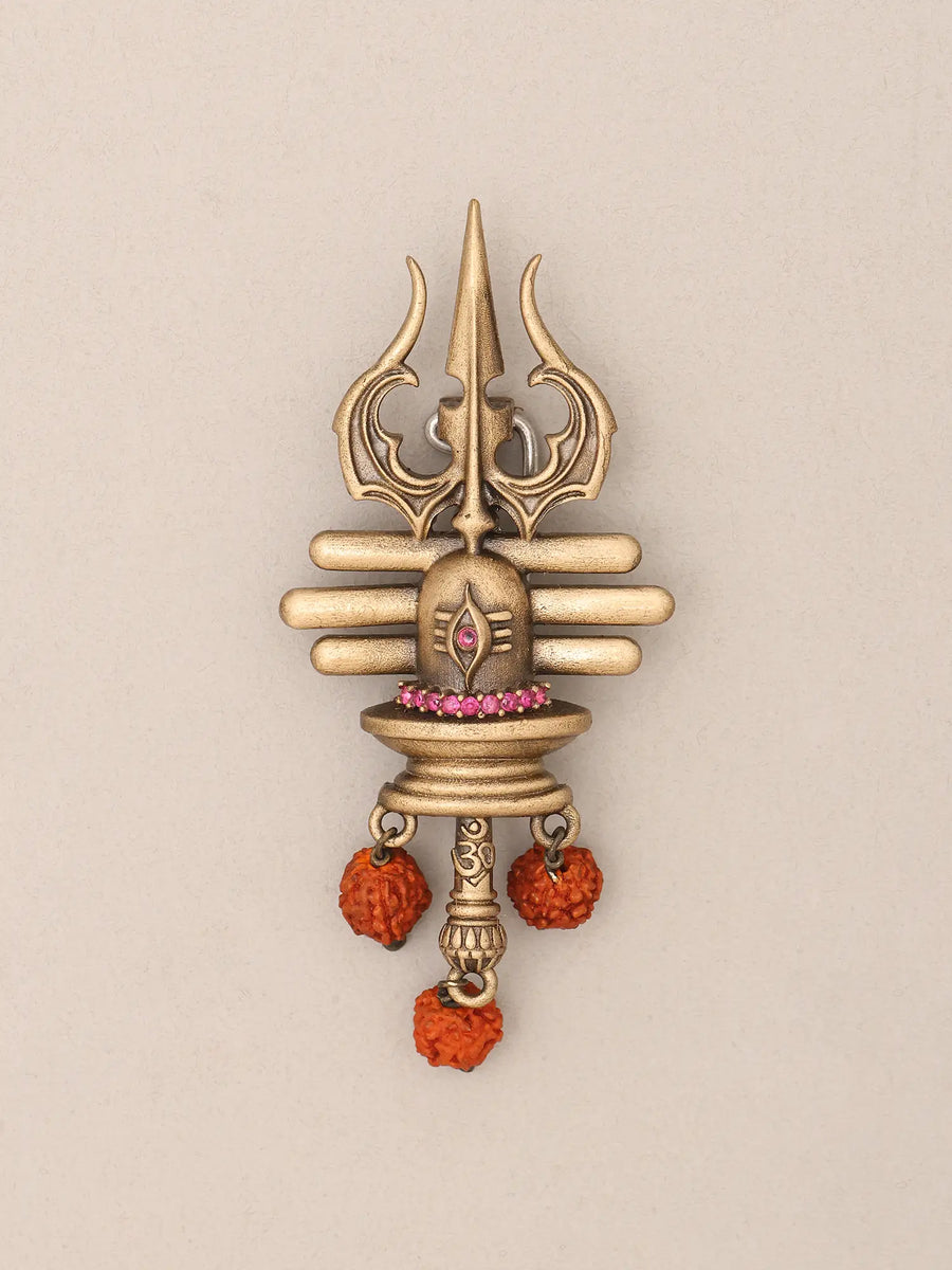 Shiva Linga Trishul and Rudraksha Brass Brooch
