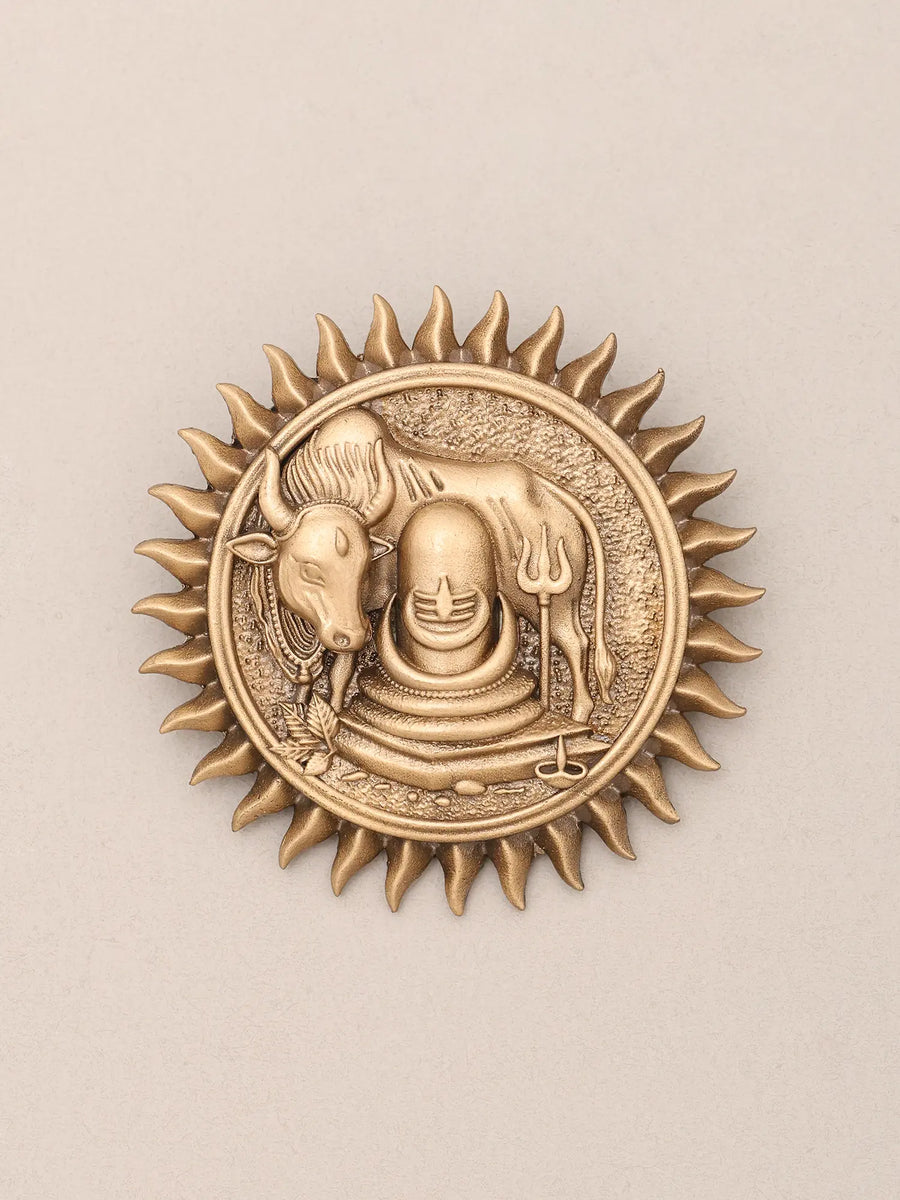 Nandi Shiva Linga Surya Halo Brass Brooch with Trishul Motif