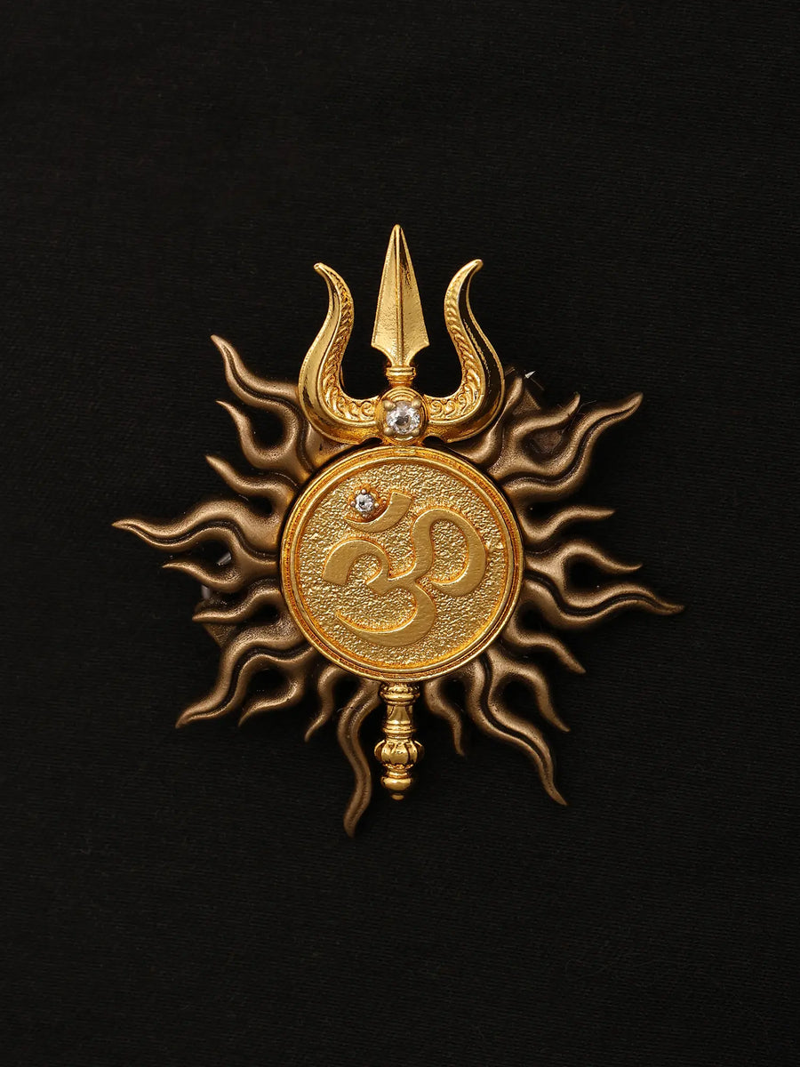 Om Surya Chakra Trishul Gold Finish Brass Brooch