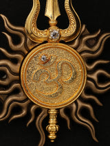 Om Surya Chakra Trishul Gold Finish Brass Brooch