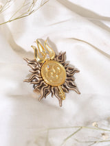 Om Surya Chakra Trishul Gold Finish Brass Brooch