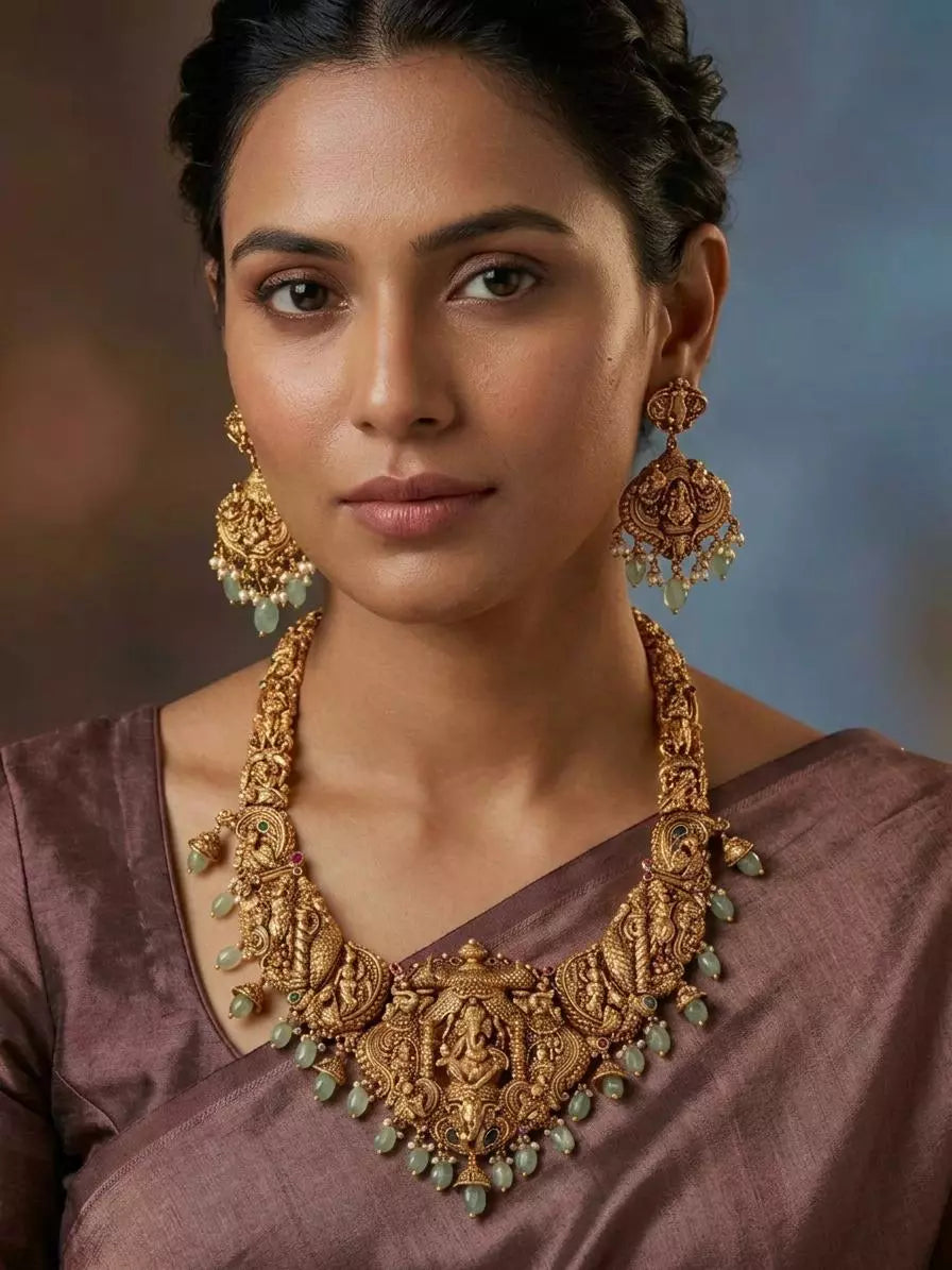 Antique Brass Lord Ganesha Temple Necklace and Earrings Set