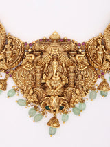 Antique Brass Lord Ganesha Temple Necklace and Earrings Set