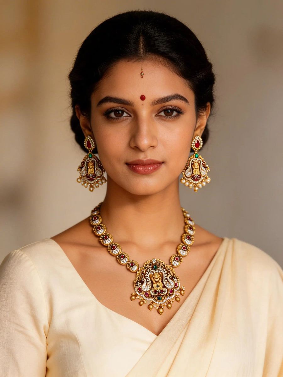 Goddess Lakshmi Temple Brass Haram Necklace and Earrings Set