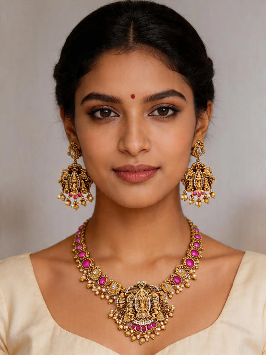 Tirupati Balaji Antique Finish Brass Necklace Set with Earrings
