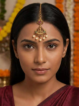 Goddess Lakshmi Temple Brass Maang Tikka with Pearl Drops