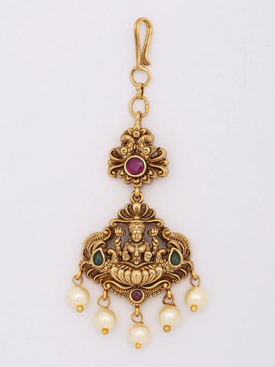 Goddess Lakshmi Temple Brass Maang Tikka with Pearl Drops