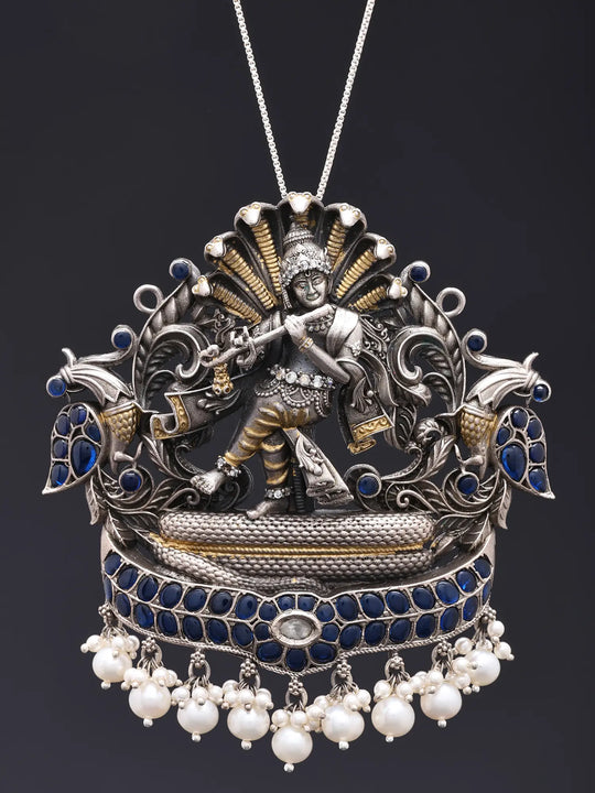 Flute Krishna Dancing on Kaliya Naag Sterling Silver Pendant