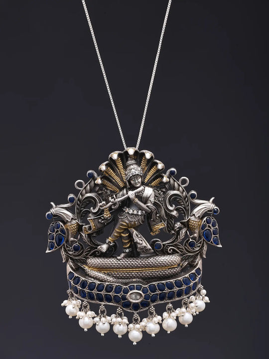 Flute Krishna Dancing on Kaliya Naag Sterling Silver Pendant