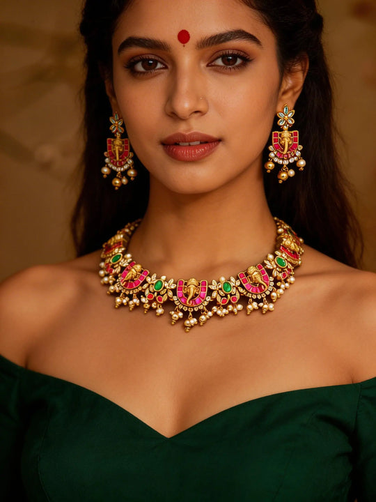 Lord Ganesha Temple Brass Necklace and Earrings Set
