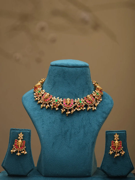 Lord Ganesha Temple Brass Necklace and Earrings Set