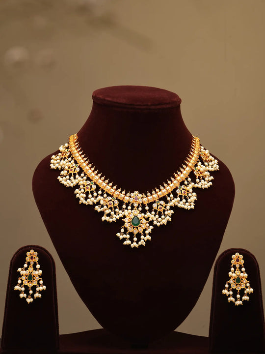Polki Kundan Pearl Drop Necklace and Earrings Set