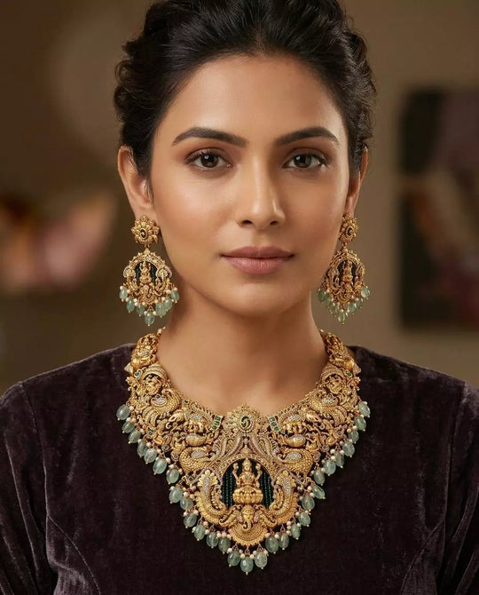 Temple Lakshmi Ganesha Green Bead Necklace and Earring Set