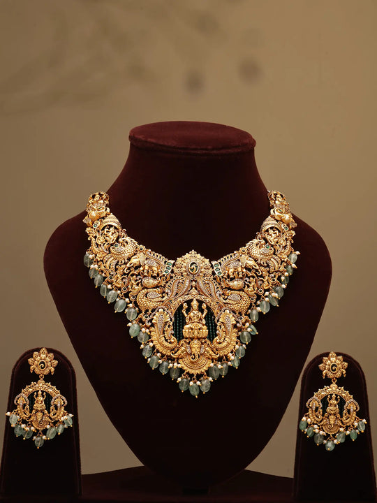 Temple Lakshmi Ganesha Green Bead Necklace and Earring Set