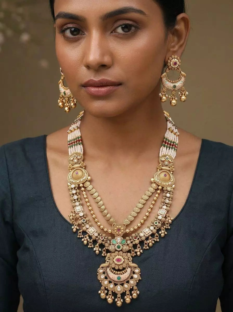Kundan Studded Rajwadi Rani Haar Set with Chandbali Earrings