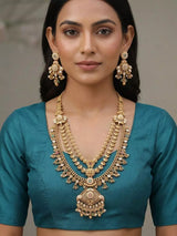 Rajwadi Three Layer Rani Haar and Earrings Set with Bead Drop