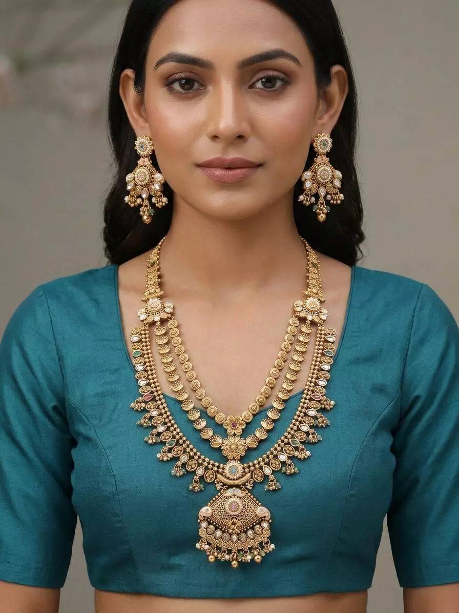 Rajwadi Three Layer Rani Haar and Earrings Set with Bead Drop
