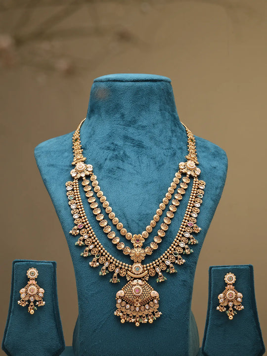 Rajwadi Three Layer Rani Haar and Earrings Set with Bead Drop