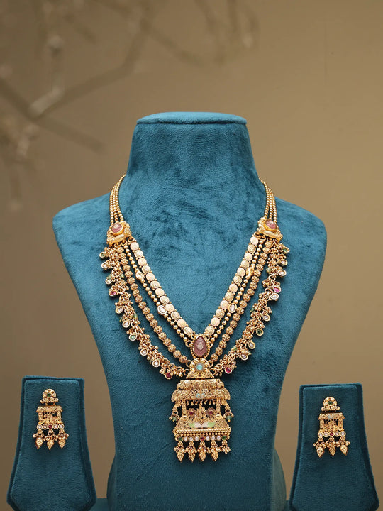 Radha Krishna Temple Brass Multilayer Rani Haar Necklace Set