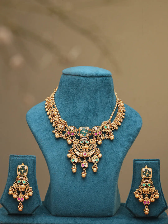 Kundan Elephant and Ghungroo Drop Brass Necklace Set