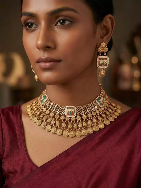 Kundan Coin Choker Necklace and Earring Set in Brass