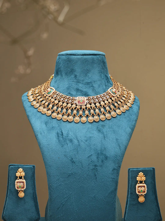Kundan Coin Choker Necklace and Earring Set in Brass