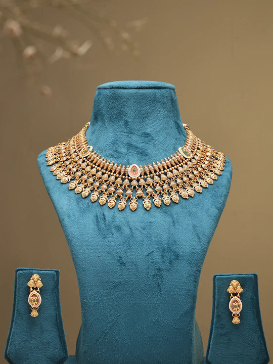 Kundan Leaf Choker Necklace and Earring Set in Brass