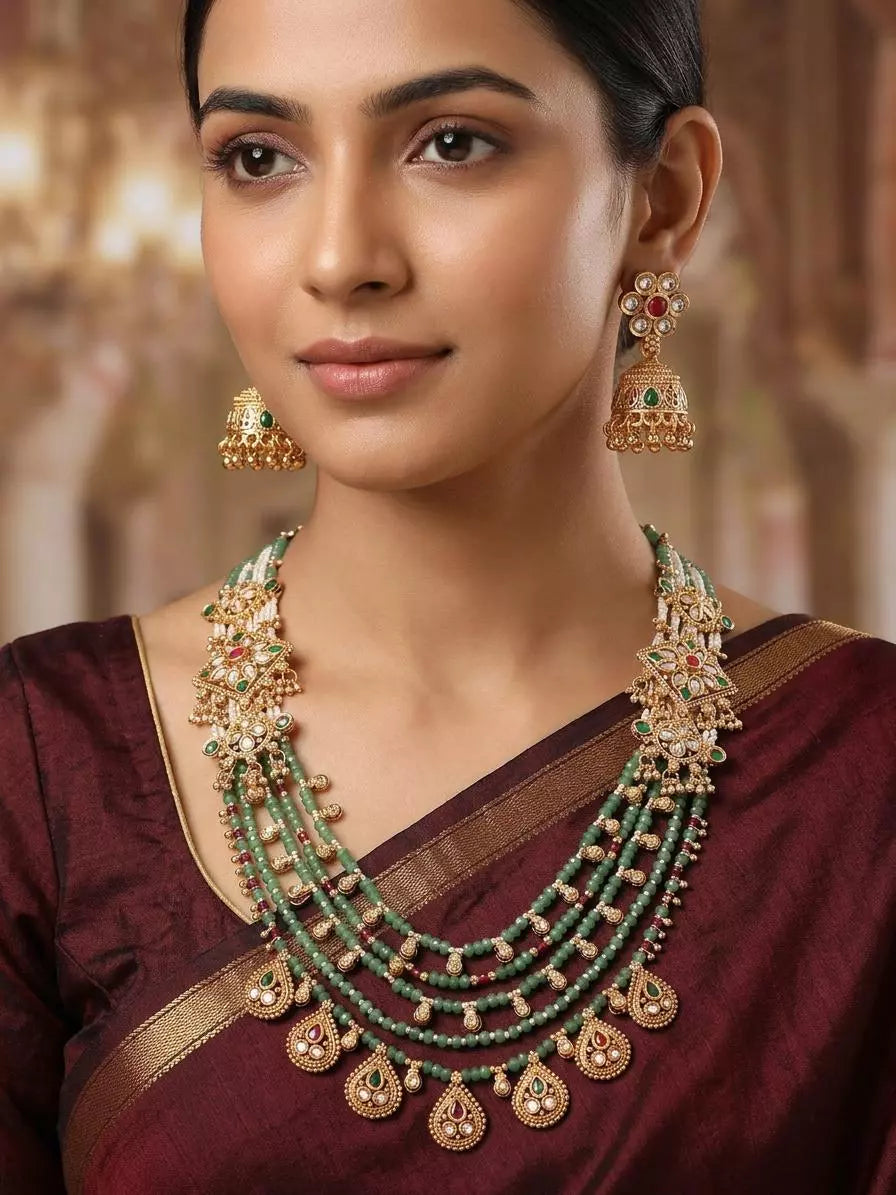 Layered Kundan Ghungroo Rani Haar Necklace Set in Brass