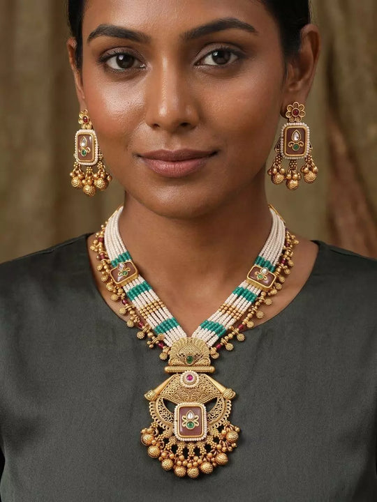Kundan Temple Beaded Multi Strand Necklace and Earrings Set