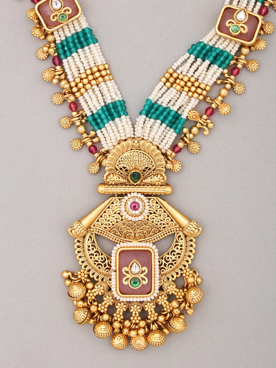 Kundan Temple Beaded Multi Strand Necklace and Earrings Set