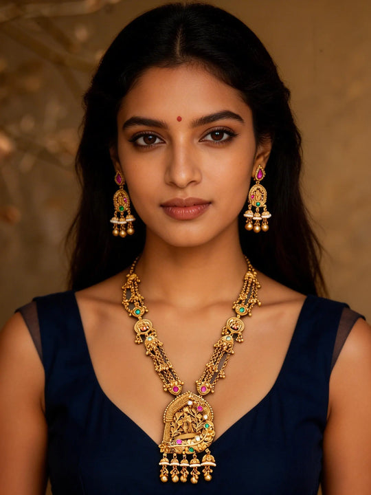 Radha Krishna Temple Haram Necklace and Earring Set with Ghungroo