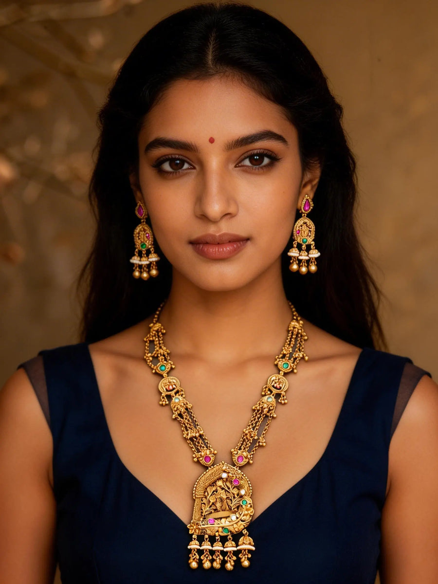 Radha Krishna Temple Haram Necklace and Earring Set with Ghungroo