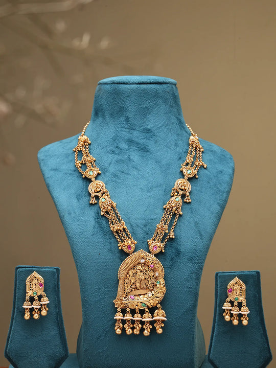 Radha Krishna Temple Haram Necklace and Earring Set with Ghungroo