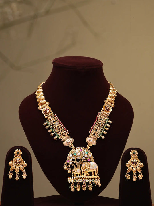 Kundan Elephant Temple Necklace Set in Brass