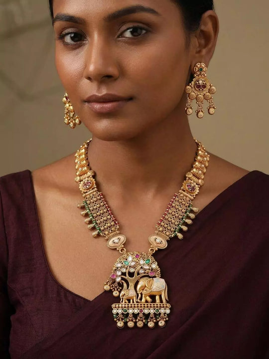 Kundan Elephant Temple Necklace Set in Brass