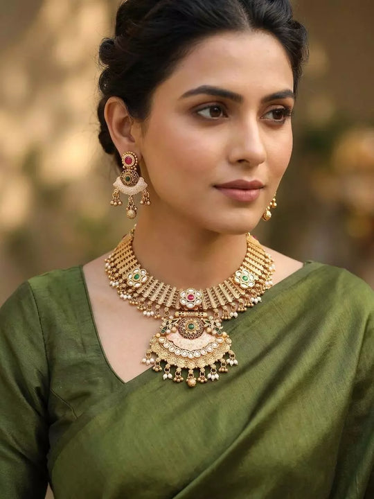 Floral Kundan Choker Set with Brass and Bead Drops
