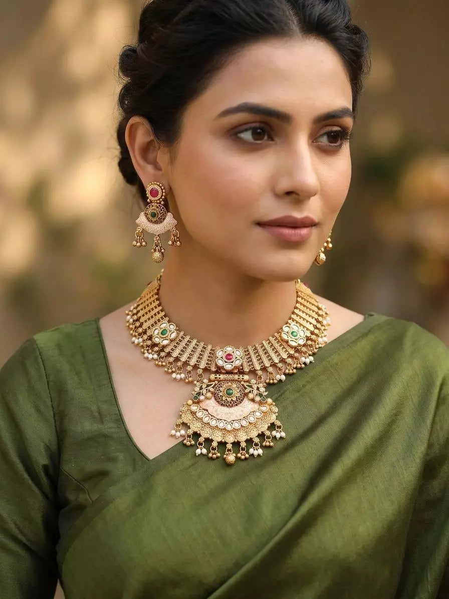 Floral Kundan Choker Set with Brass and Bead Drops