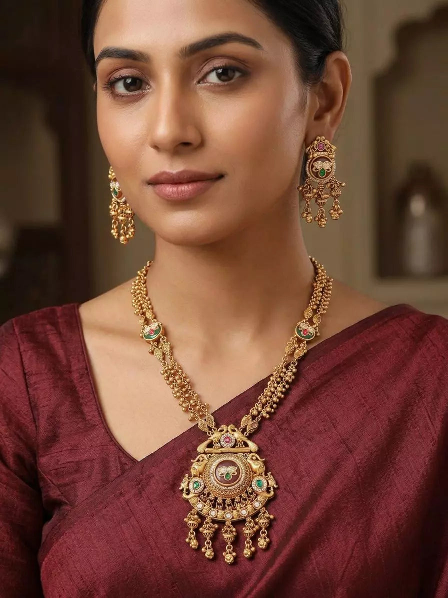 Kundan Temple South Indian Brass Necklace Set with Beads