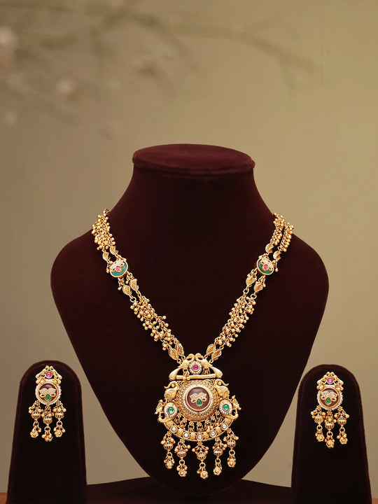 Kundan Temple South Indian Brass Necklace Set with Beads