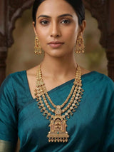 Jharokha Carved Rajwadi Rani Haar Necklace Set with Bead Drops