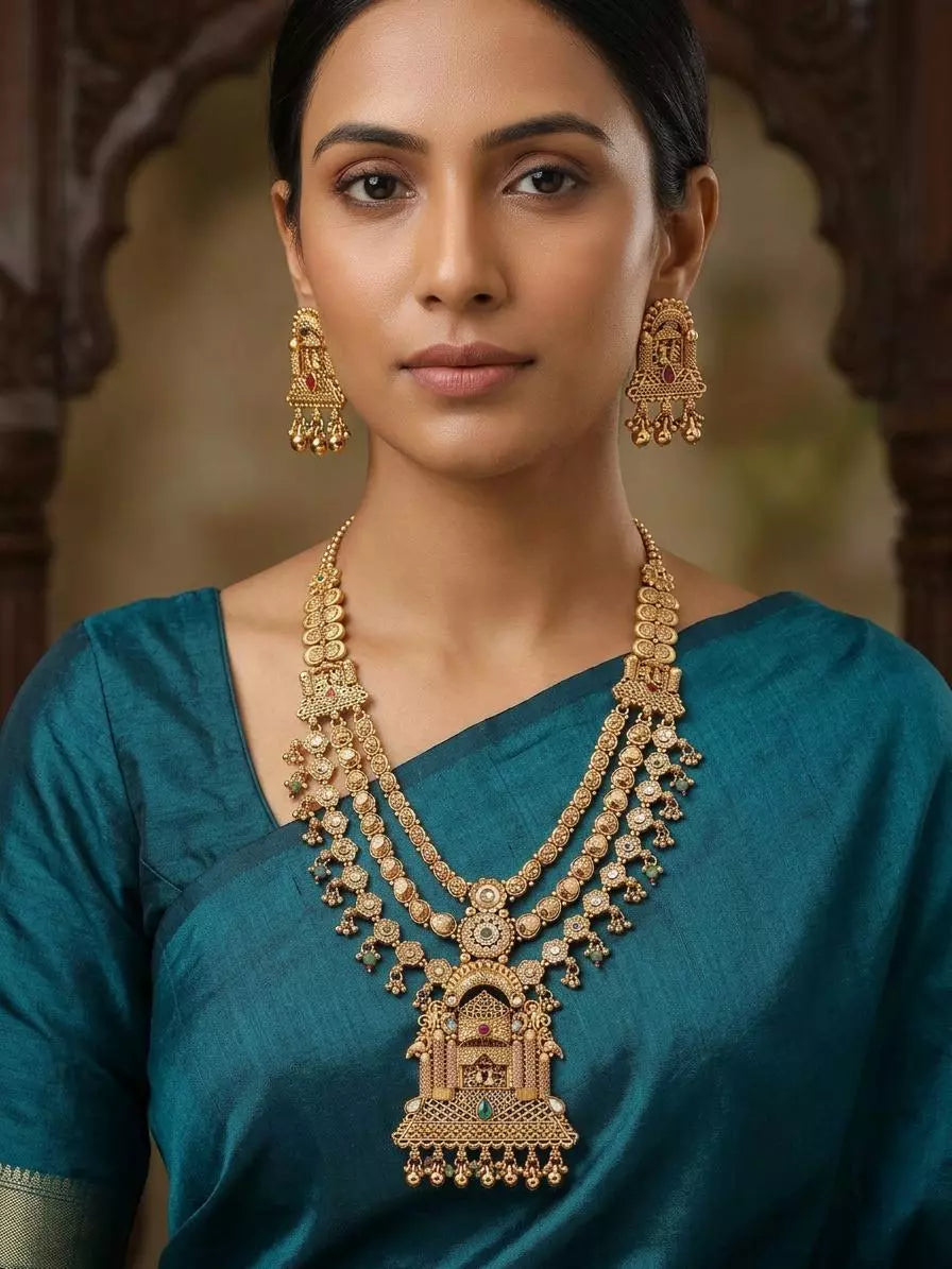 Jharokha Carved Rajwadi Rani Haar Necklace Set with Bead Drops