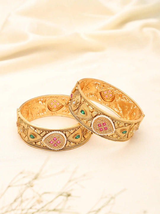 Geometric Kundan Stone Studded Openable Brass Bangles (Pair)