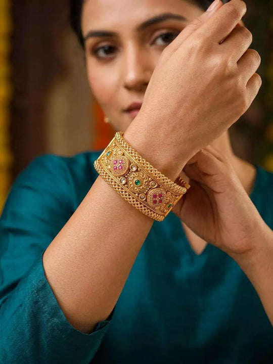 Kundan Stone Studded Rajwadi Openable Brass Bangles (Pair)