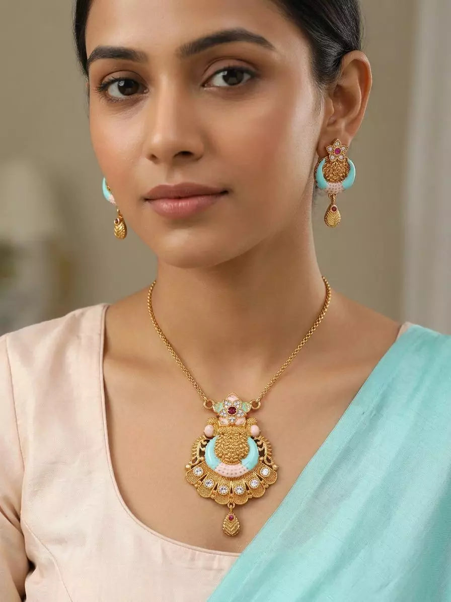 Floral Half Moon Stone Studded Pendant Necklace and Earrings Set