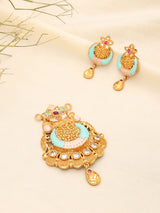 Floral Half Moon Stone Studded Pendant Necklace and Earrings Set