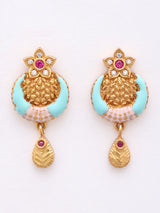 Floral Half Moon Stone Studded Pendant Necklace and Earrings Set