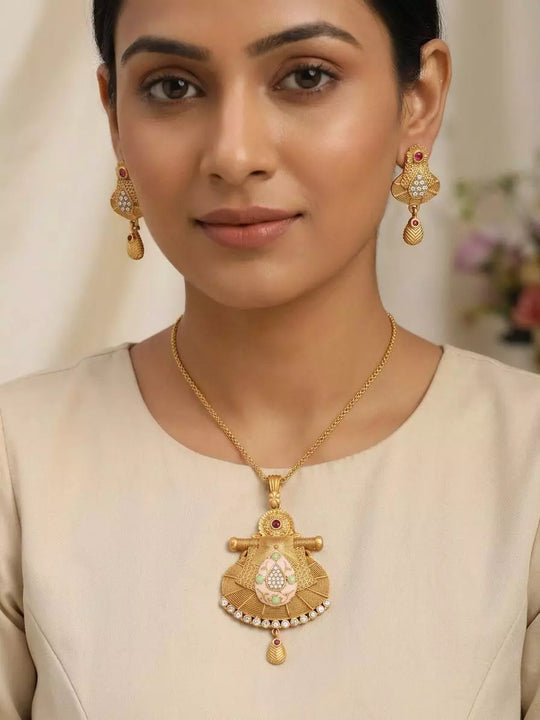 Kundan Meenakari Brass Pendant Necklace and Earrings Set