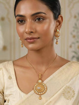 Brass Feather Pendant Necklace and Earrings Set with Stones
