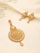 Brass Feather Pendant Necklace and Earrings Set with Stones